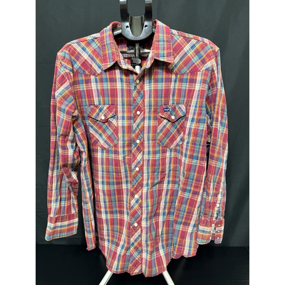 Wrangler Wrancher Western Pearl Snap Shirt Size Large Plaid Check Cowboy Rodeo